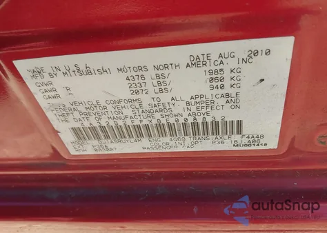 2011 Mitsubishi Galant Fe z USA, uszkodzony, nr VIN 4A32B2FFXBE008832